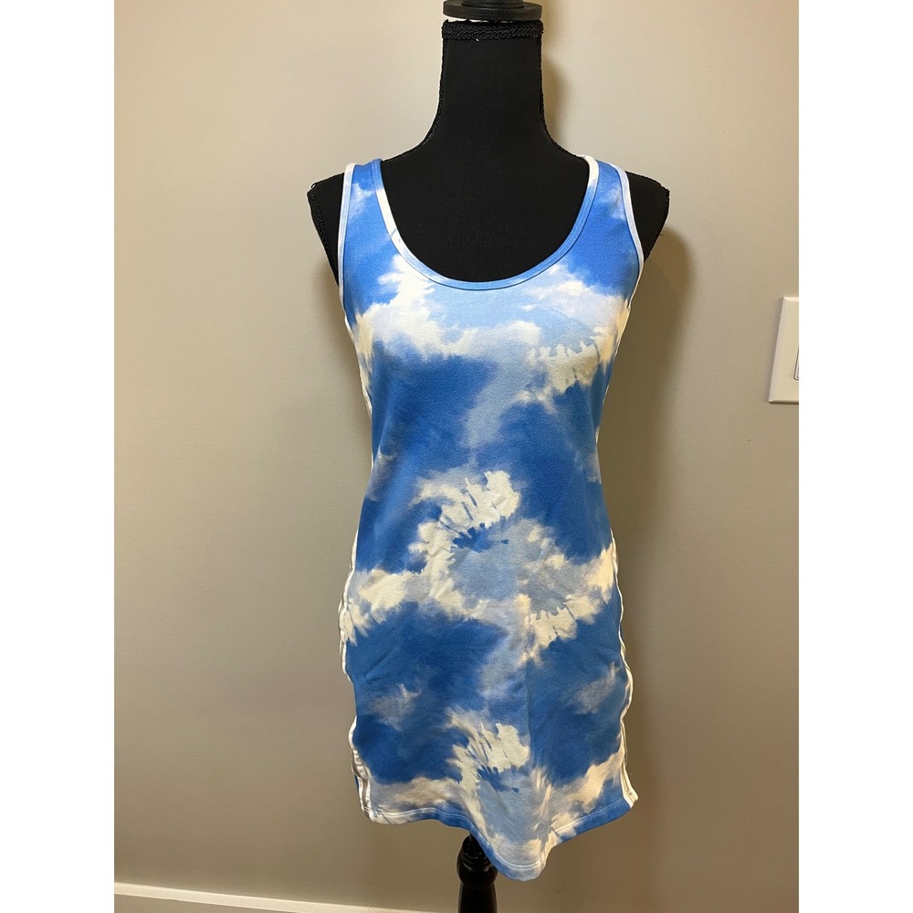 Boston Proper Blue White Cloud Sky Print Tank Dress Metallic Side‎ Stripe Small